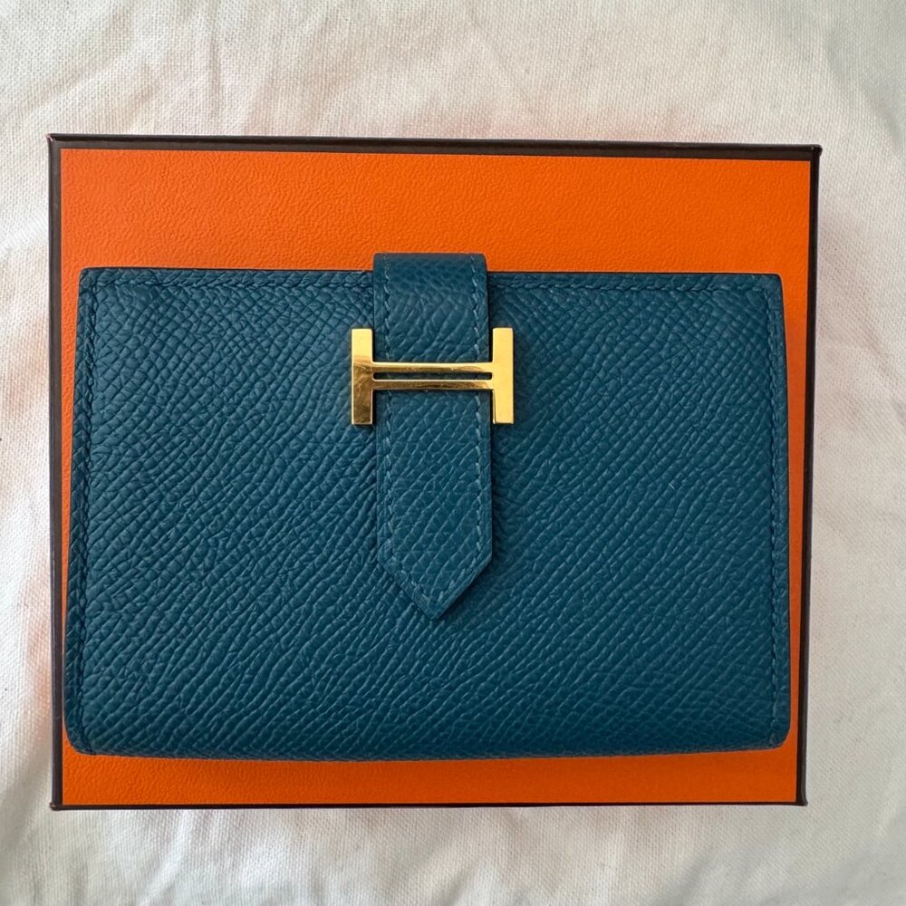 Auth Hermes Bearn Green Vert Bosphore Epsom Card Holder Wallet